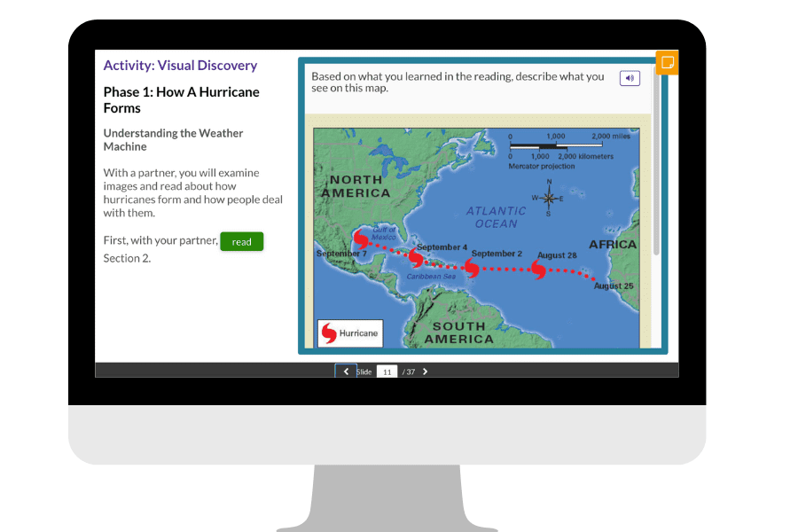 A computer screen shows a lesson on hurricanes with a map of a hurricanes path from Africa to the United States.