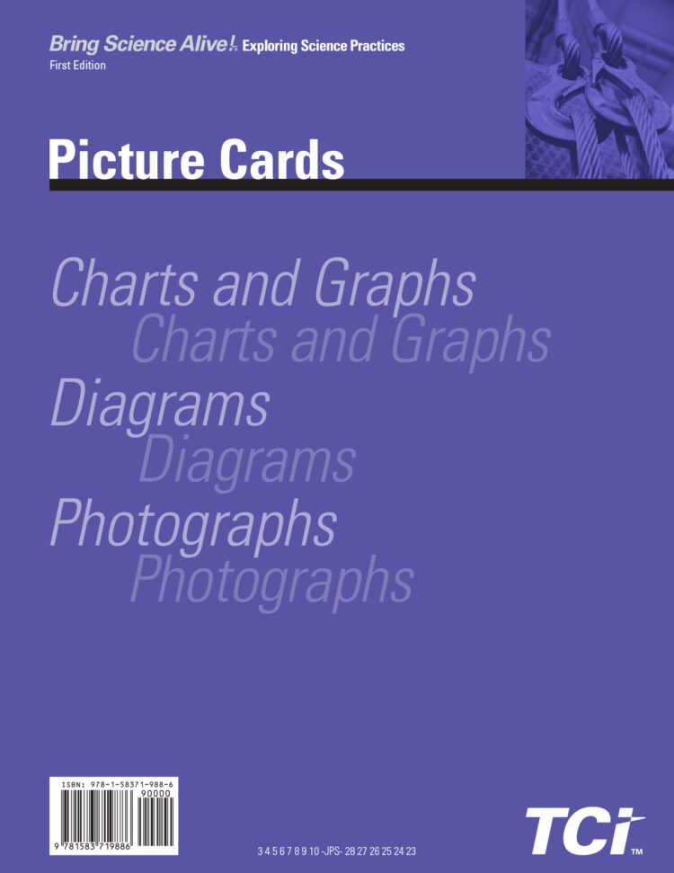 Blue cover of Bring Science Alive! Picture Cards with text about charts, diagrams, and photographs.