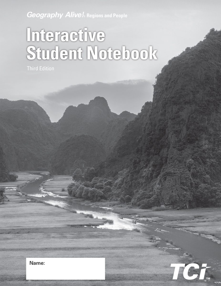 River winding through lush, mountainous landscape on the cover of a Geography Alive! Interactive Student Notebook.