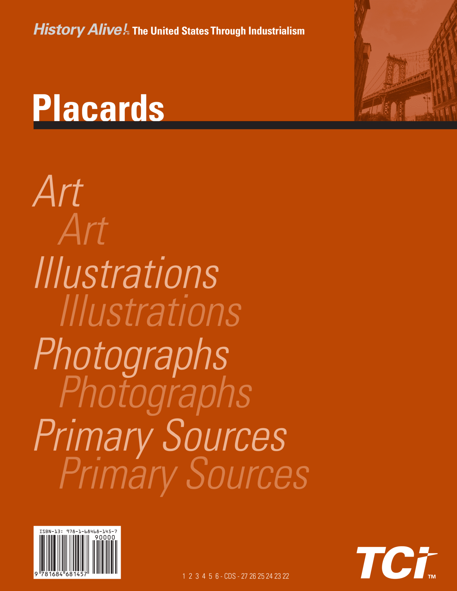 Orange cover with Placards and words Art, Illustrations, Photographs, and Primary Sources in varying fonts and sizes.