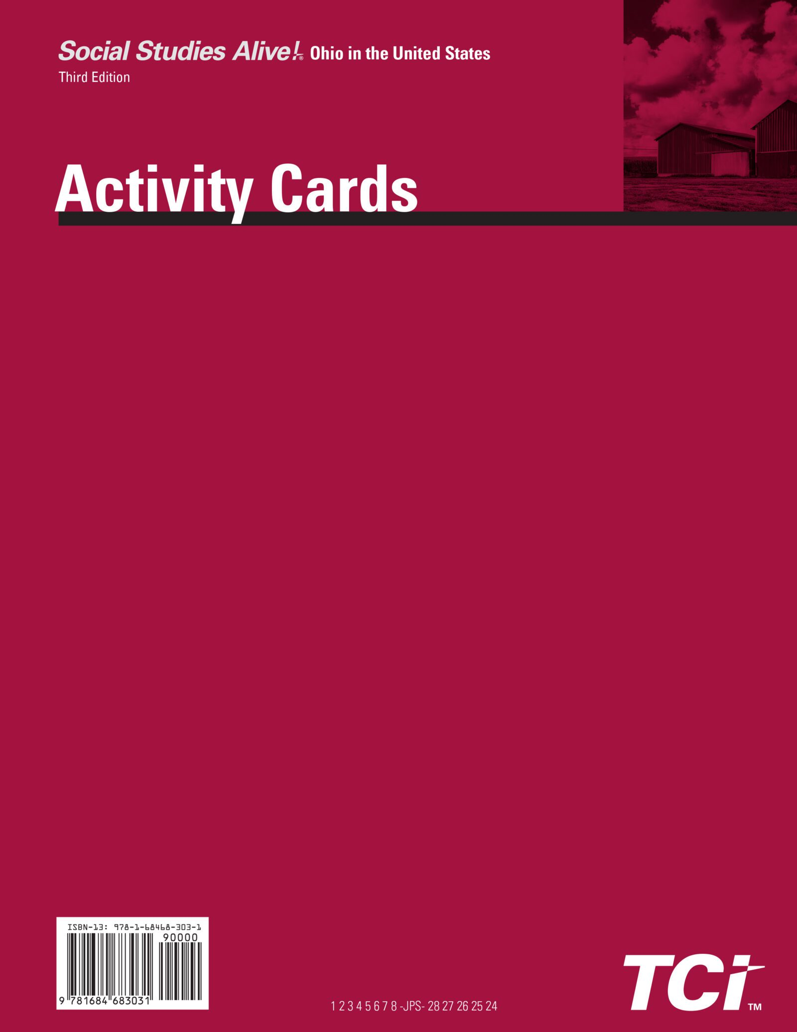Red cover of Social Studies Alive! Ohio in the United States Activity Cards with white text and a small farm photo.