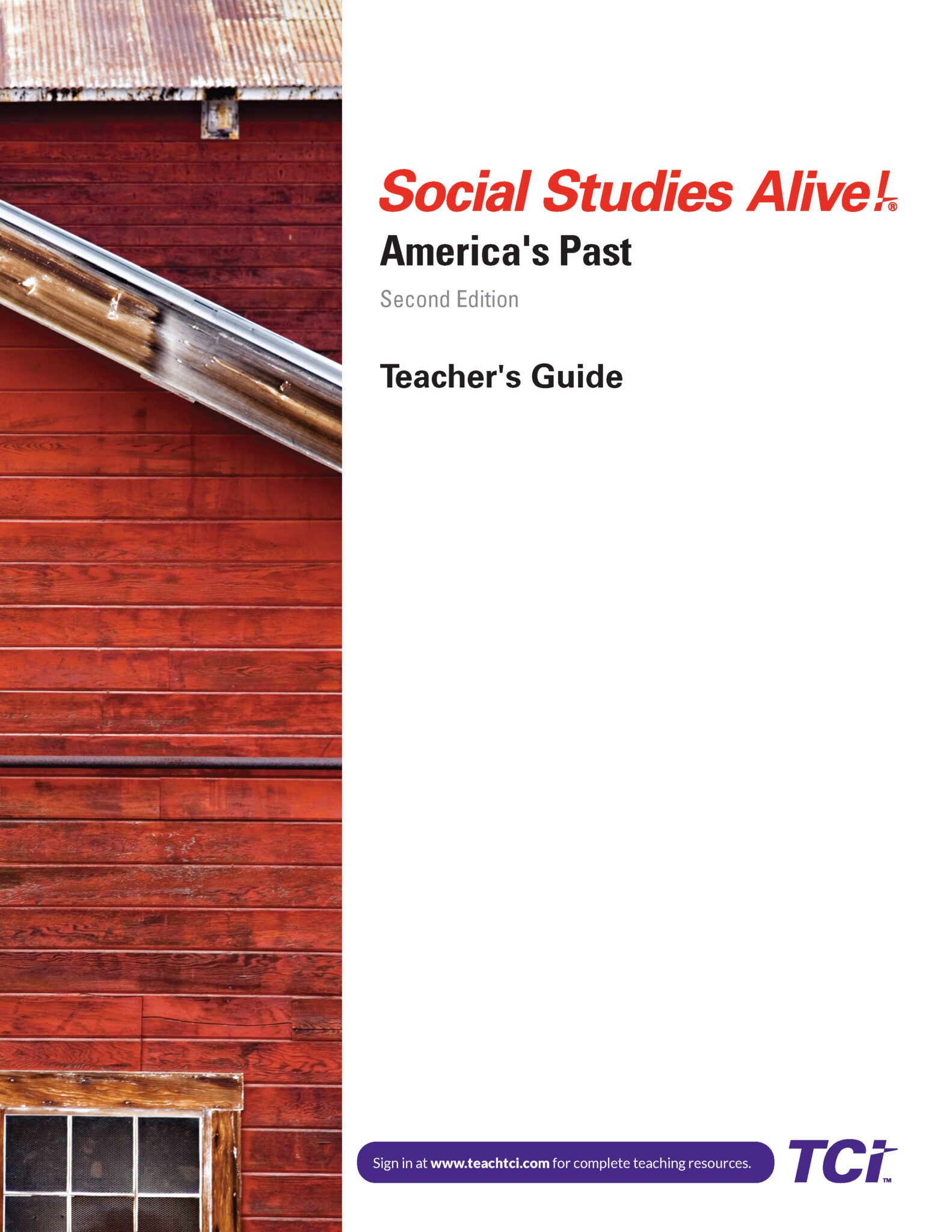 Red wooden barn wall on left, white space on right with Social Studies Alive! Americas Past Teachers Guide text.