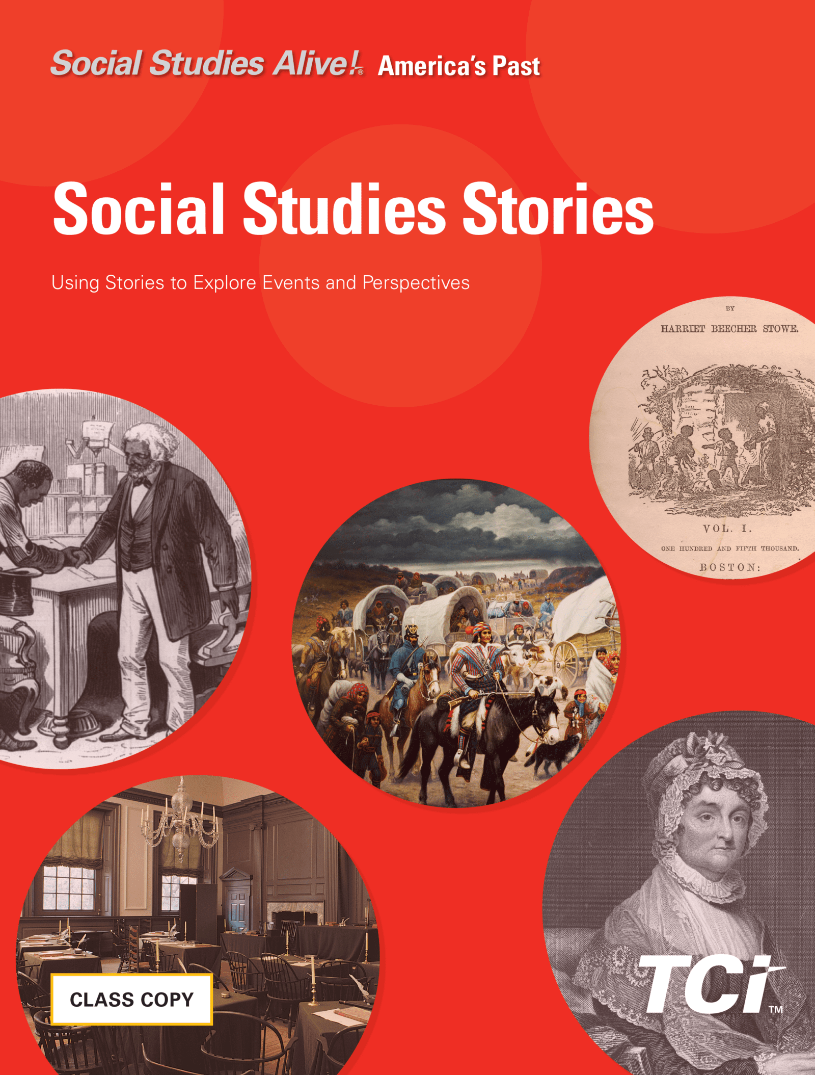 Red cover with Social Studies Stories text and historical images, including people, a book, and a wagon train.