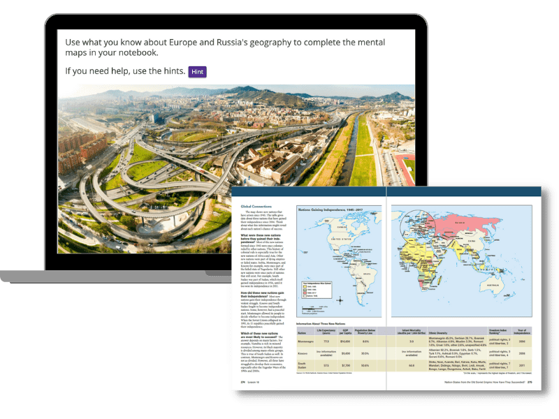 A laptop shows a European city map; in front is an open textbook with maps and statistics about geography.