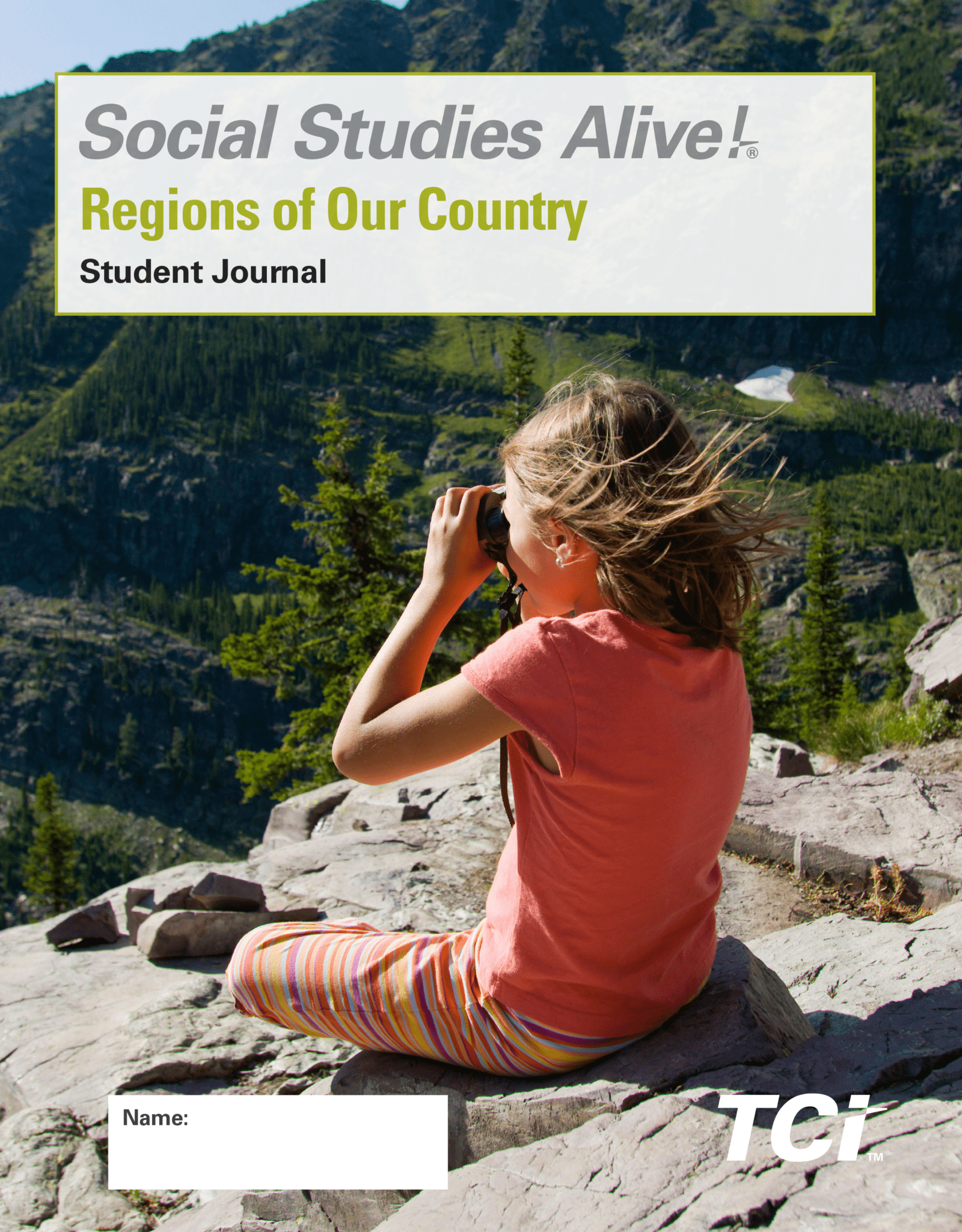 Girl in striped skirt sits on rocks, looking through binoculars at mountains; Social Studies Alive! text above.