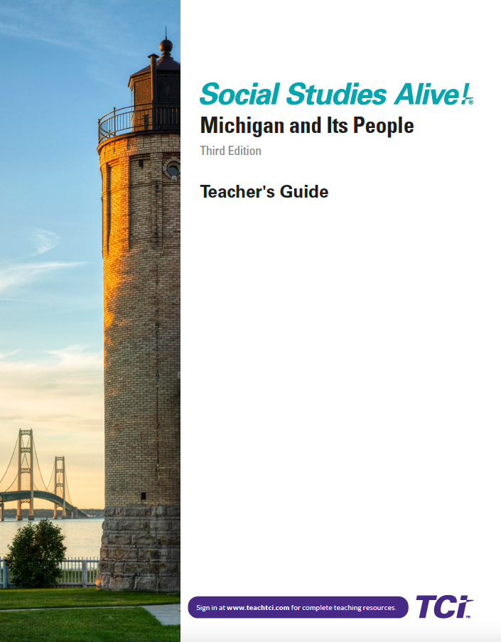 A lighthouse near the Mackinac Bridge at sunset, featured on a Social Studies Alive! Michigan Teachers Guide cover.