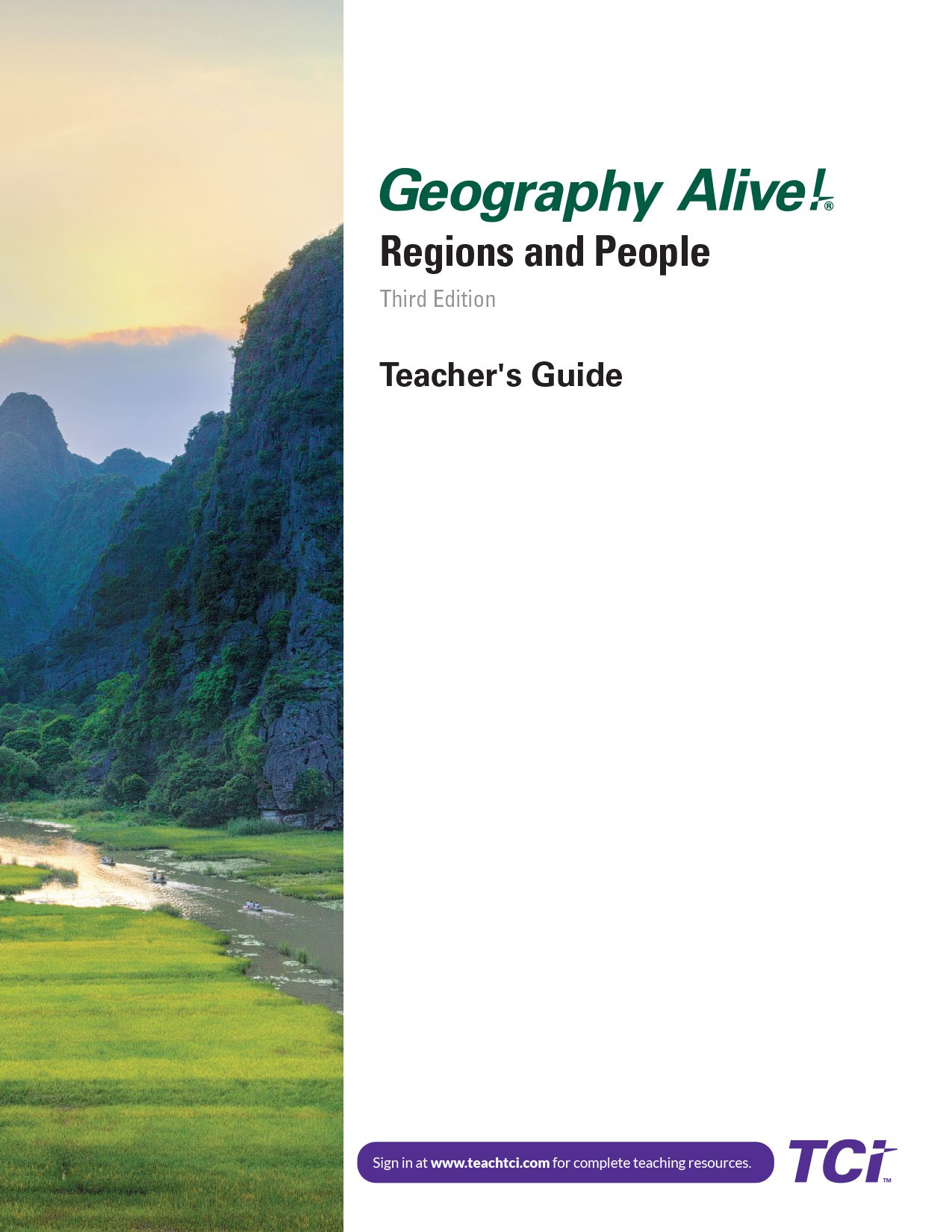 Text that reads Geography Alive! Regions and People, Teachers Guide over a scenic river and mountains at sunset.