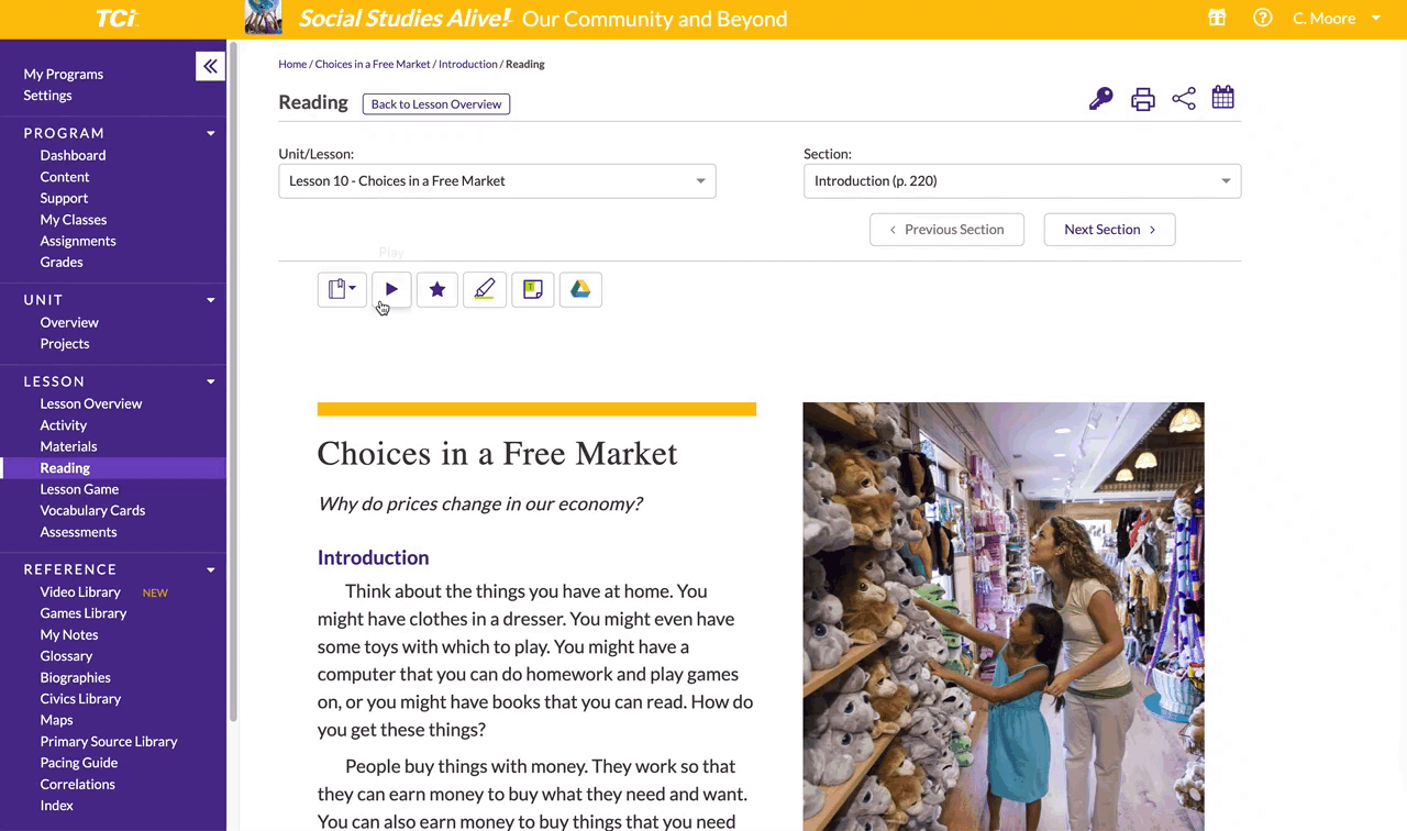 A woman and girl look at stuffed animals on store shelves; text about choices in a free market is on the left.