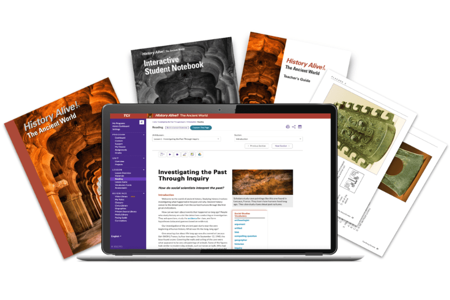 A laptop displaying the History Alive! online curriculum surrounded by printed workbooks and teacher guides.