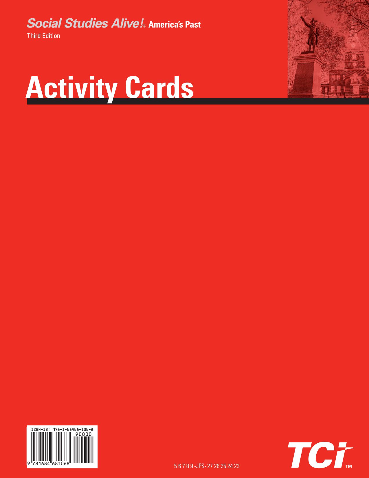 Red cover of Activity Cards for Social Studies Alive! Americas Past with a statue image in the top right.
