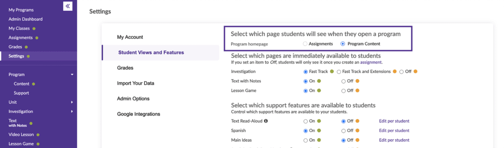 Teacher Settings