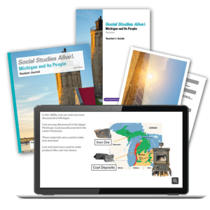 covers for the Michigan and Its People student journal, teachers' guide, and activity cards with a laptop open in front