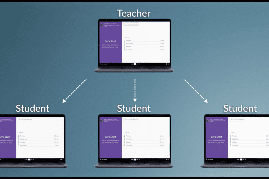 A teacher screen also seen on three students' screens